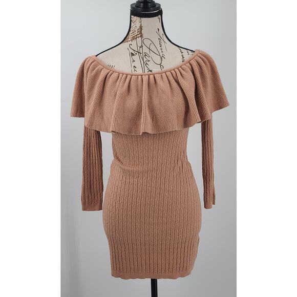 Olivaceous cable knit off shoulder sweater dress brown Size Small Fall Festive - Picture 2 of 10